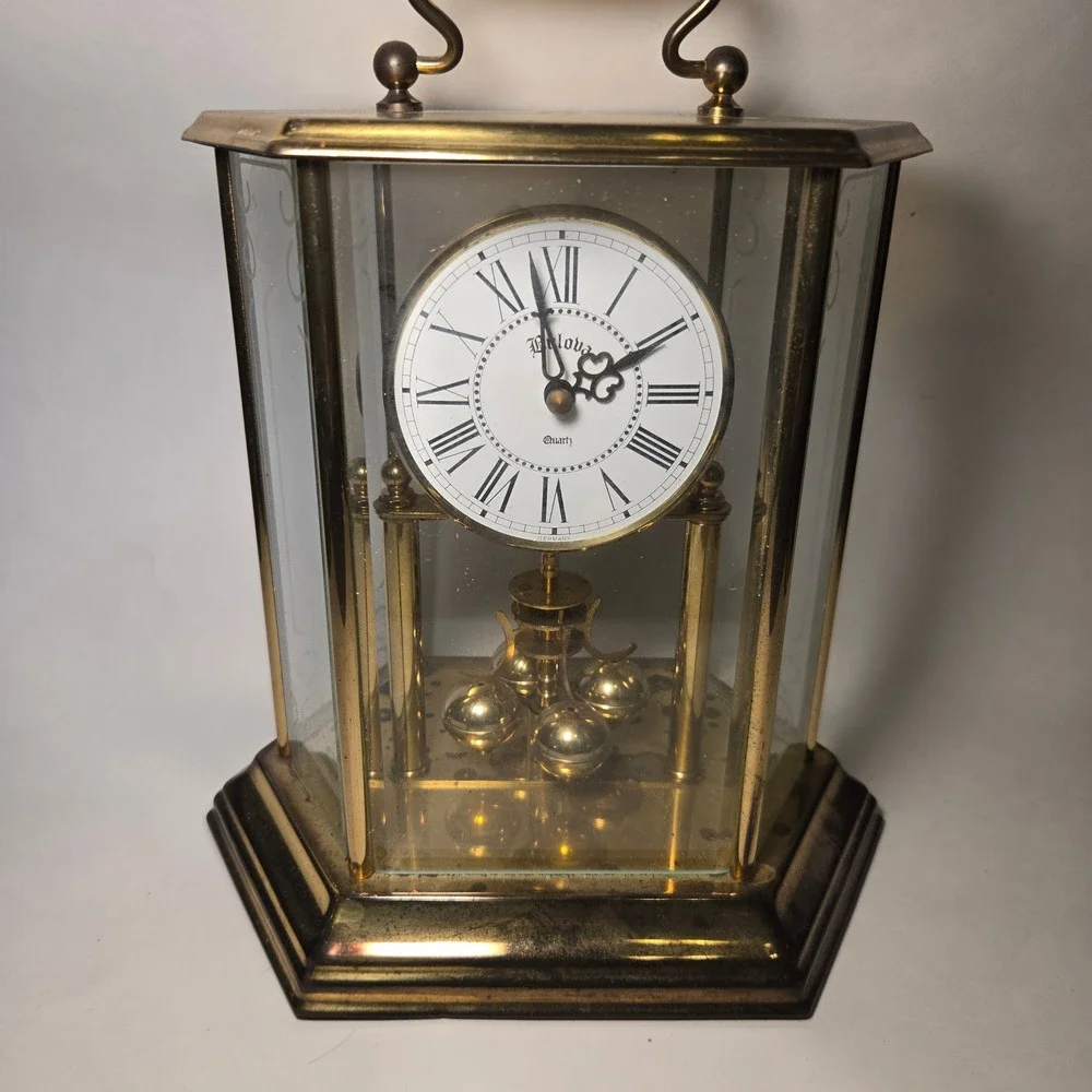 VTG Bulova Anniversary Clock Glass Gold Brass Rotating Pendulum Quartz‎ GERMANY